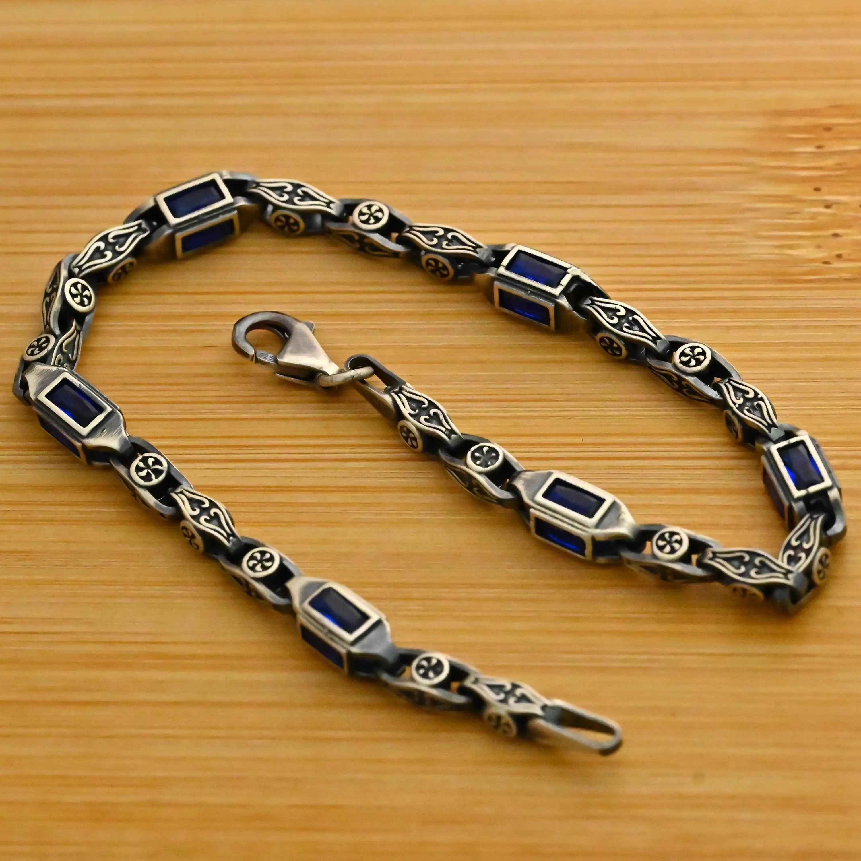 Sterling Silver Men's Bracelet: Blue Zircon Vintage Link Design