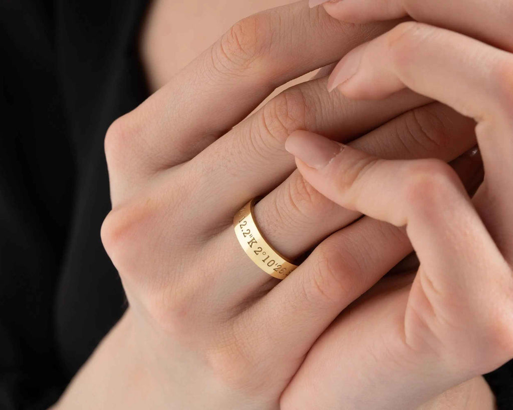 Solid Gold Coordinates Ring: Custom Engraved Anniversary Jewelry
