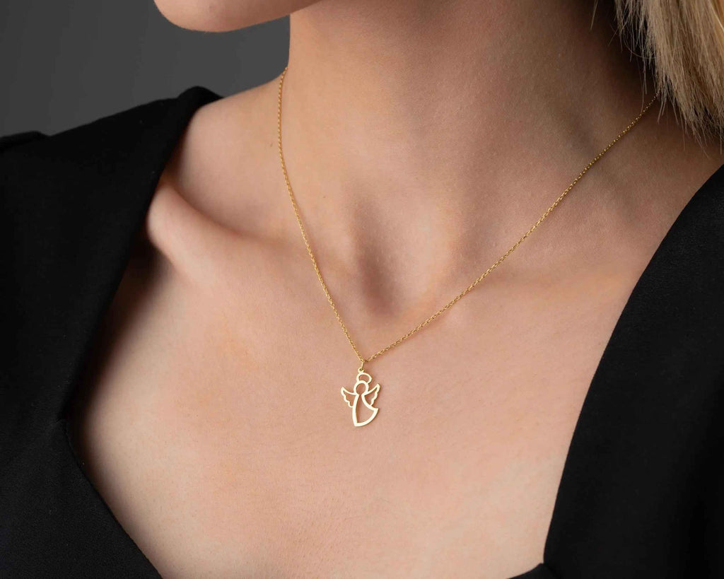 Solid Gold Angel Wing Necklace: 10K-18K Gold Pendant