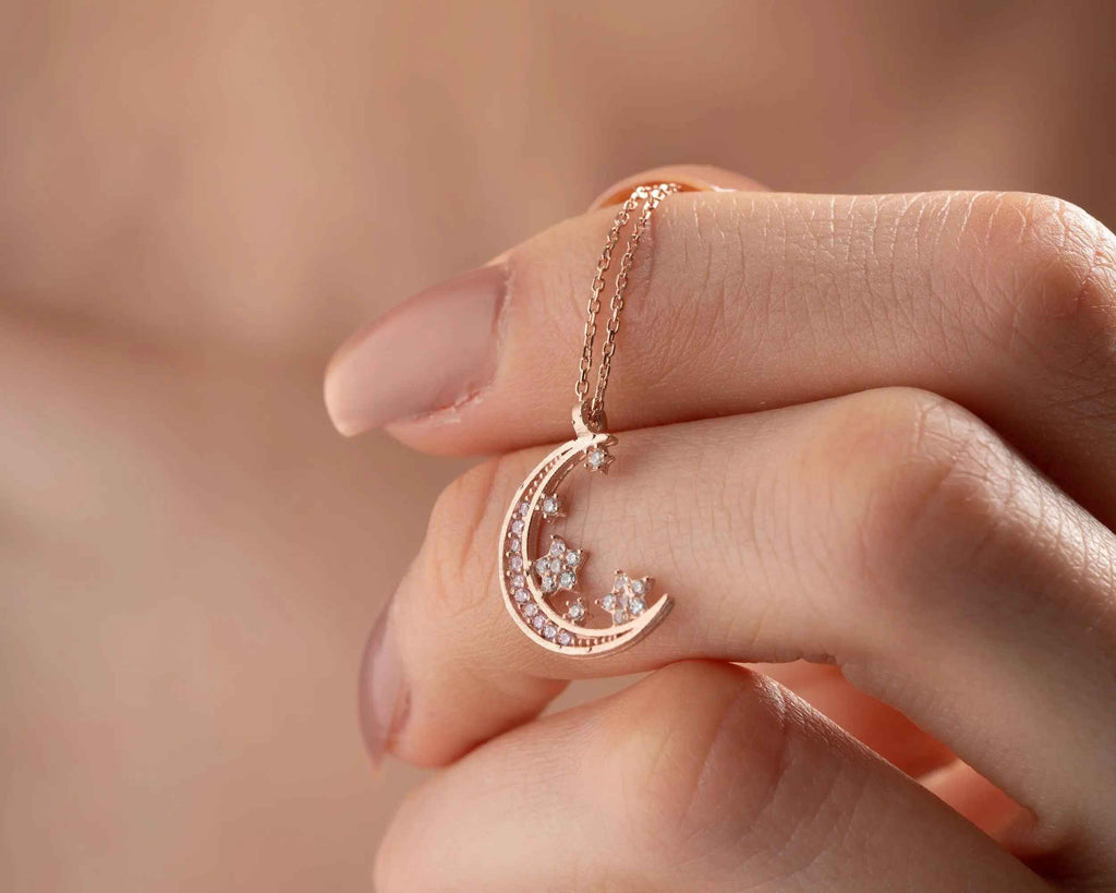 Sterling Silver Crescent Moon and Star Necklace: Celestial Jewelry