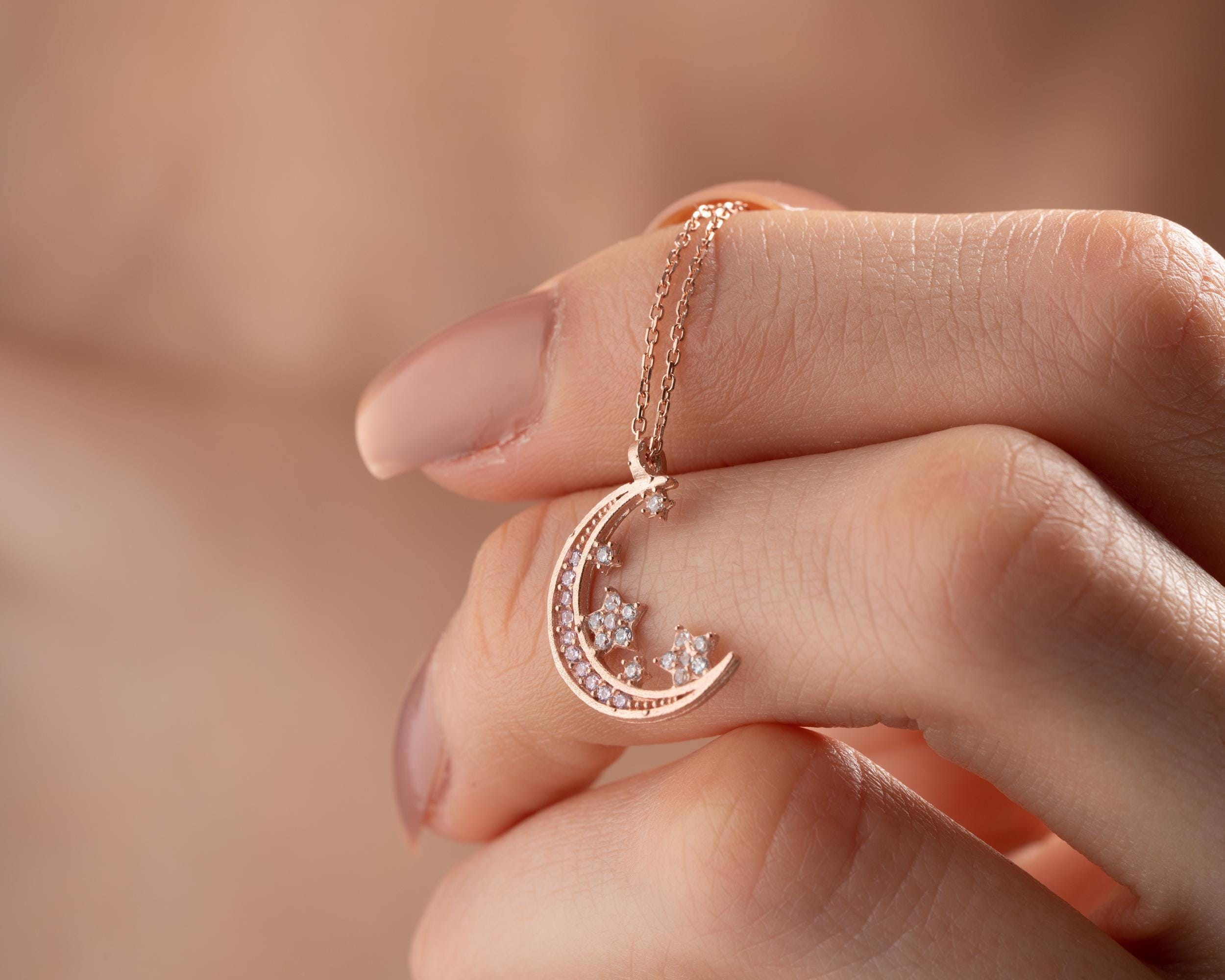 Sterling Silver Crescent Moon and Star Necklace: Celestial Jewelry