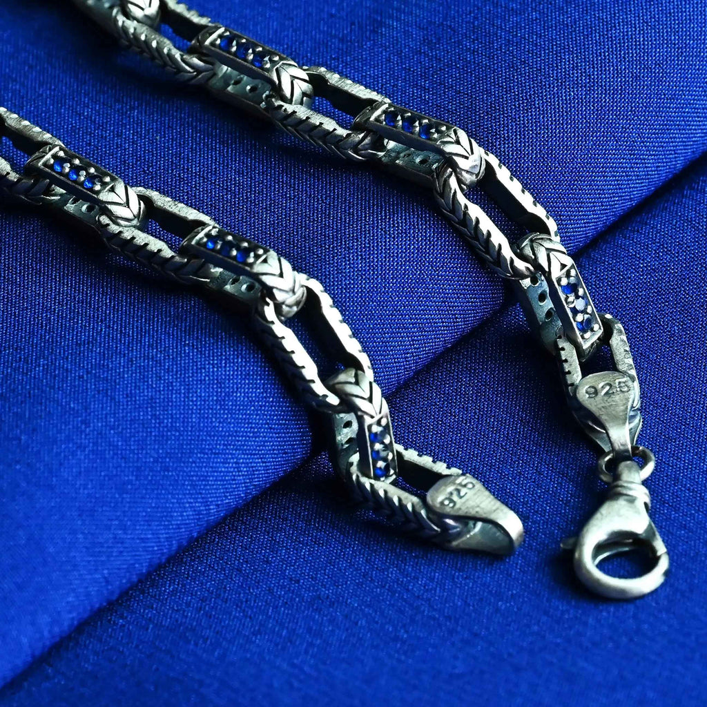 925 Sterling Silver Men’s Bracelet with Blue Stones, Handmade Chain Bracelet, Bold Masculine Jewelry