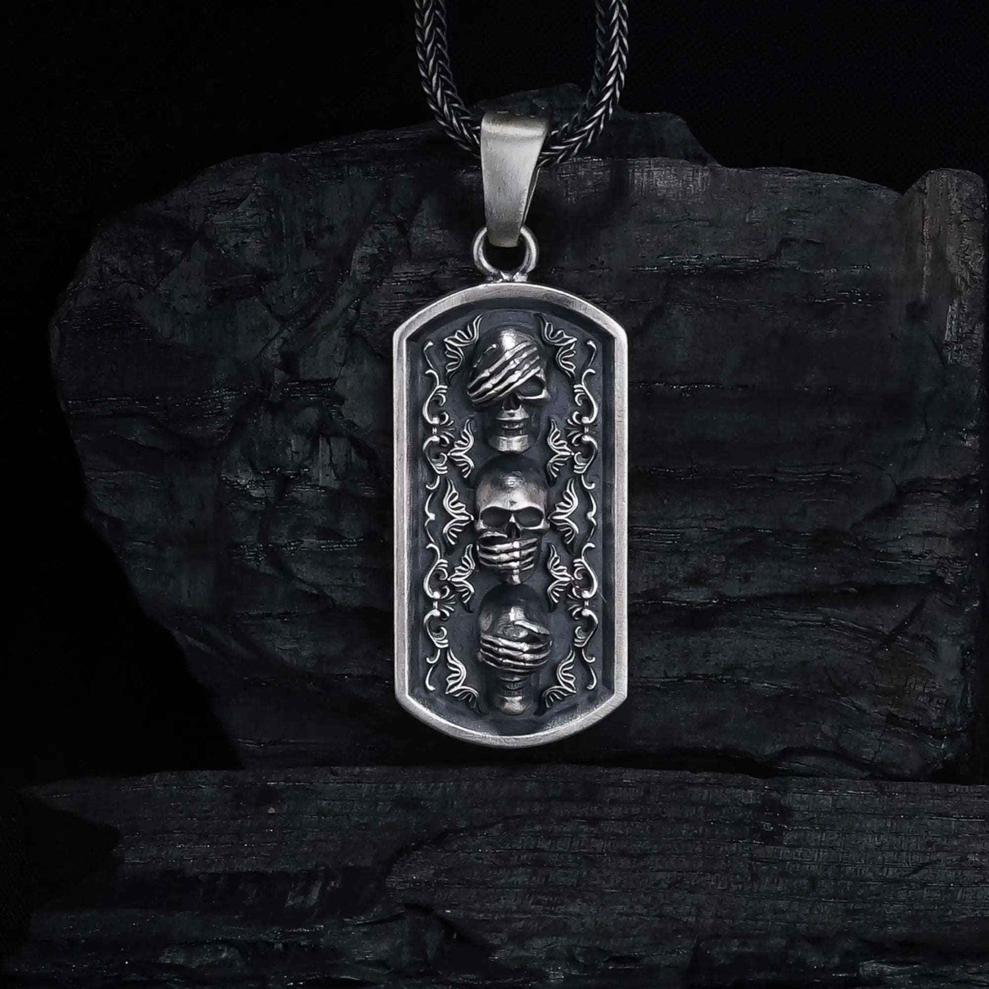 Sterling Silver Three Wise Skulls Necklace: Gothic Pendant Jewelry