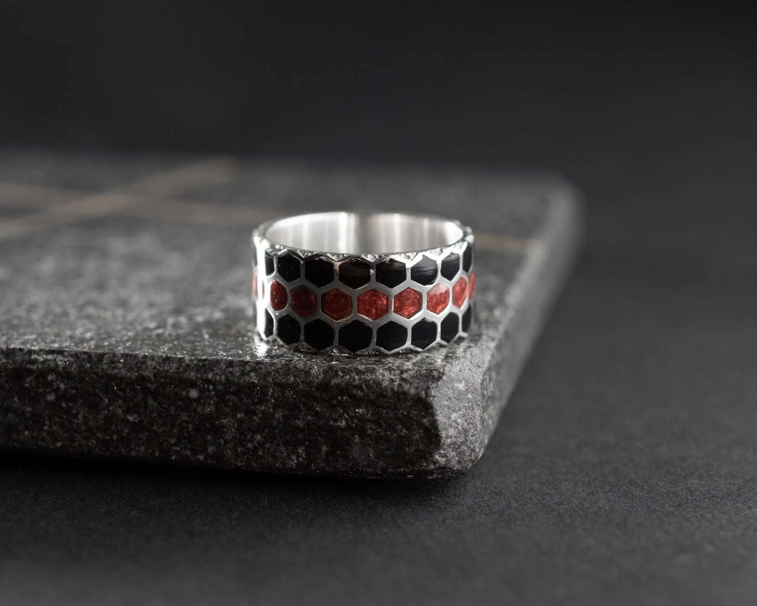 Honeycomb Sterling Silver Ring: Geometric Beehive Jewelry Men   Charmora Jewelry