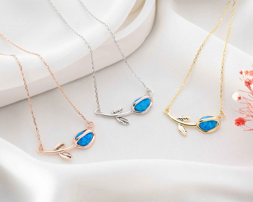 Blue Opal Tulip Necklace: 925 Sterling Silver Pendant