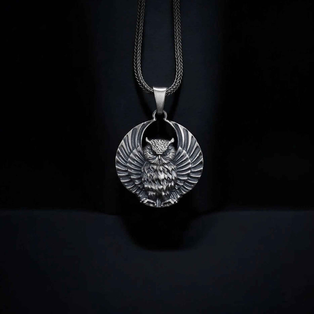 Sterling Silver Owl Pendant Necklace: Open Wings, Night Bird Jewelry