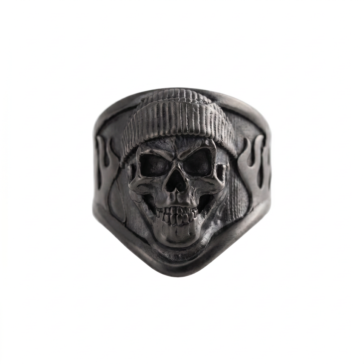 Beanie Skull Flame Relief Motif Ring  Ring  Charmora Jewelry