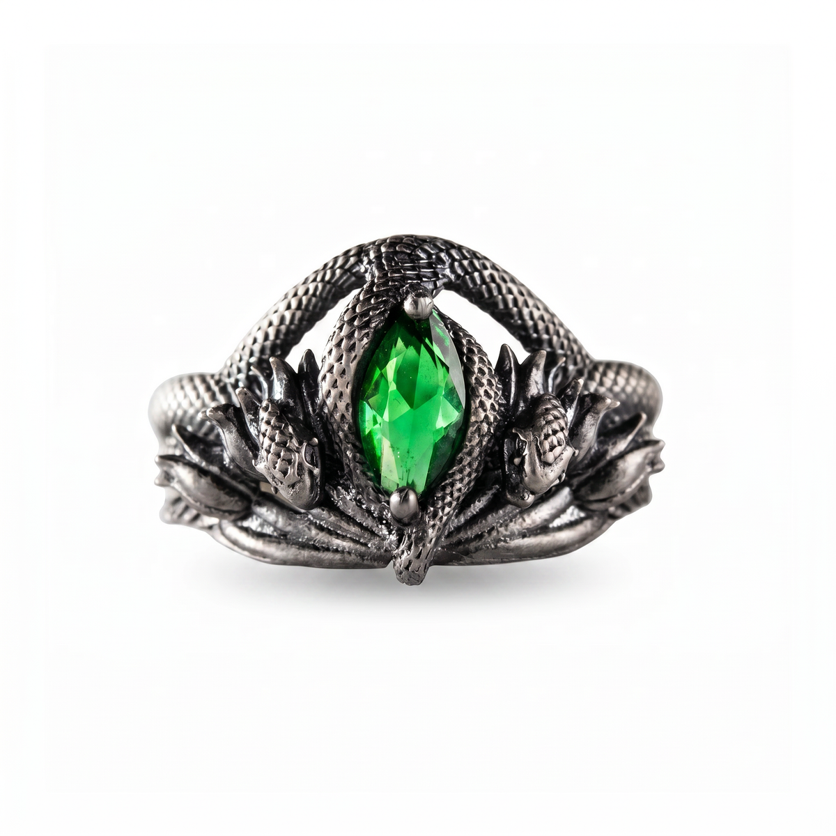 Green Eye Serpent Relief Motif Ring  Ring  Charmora Jewelry