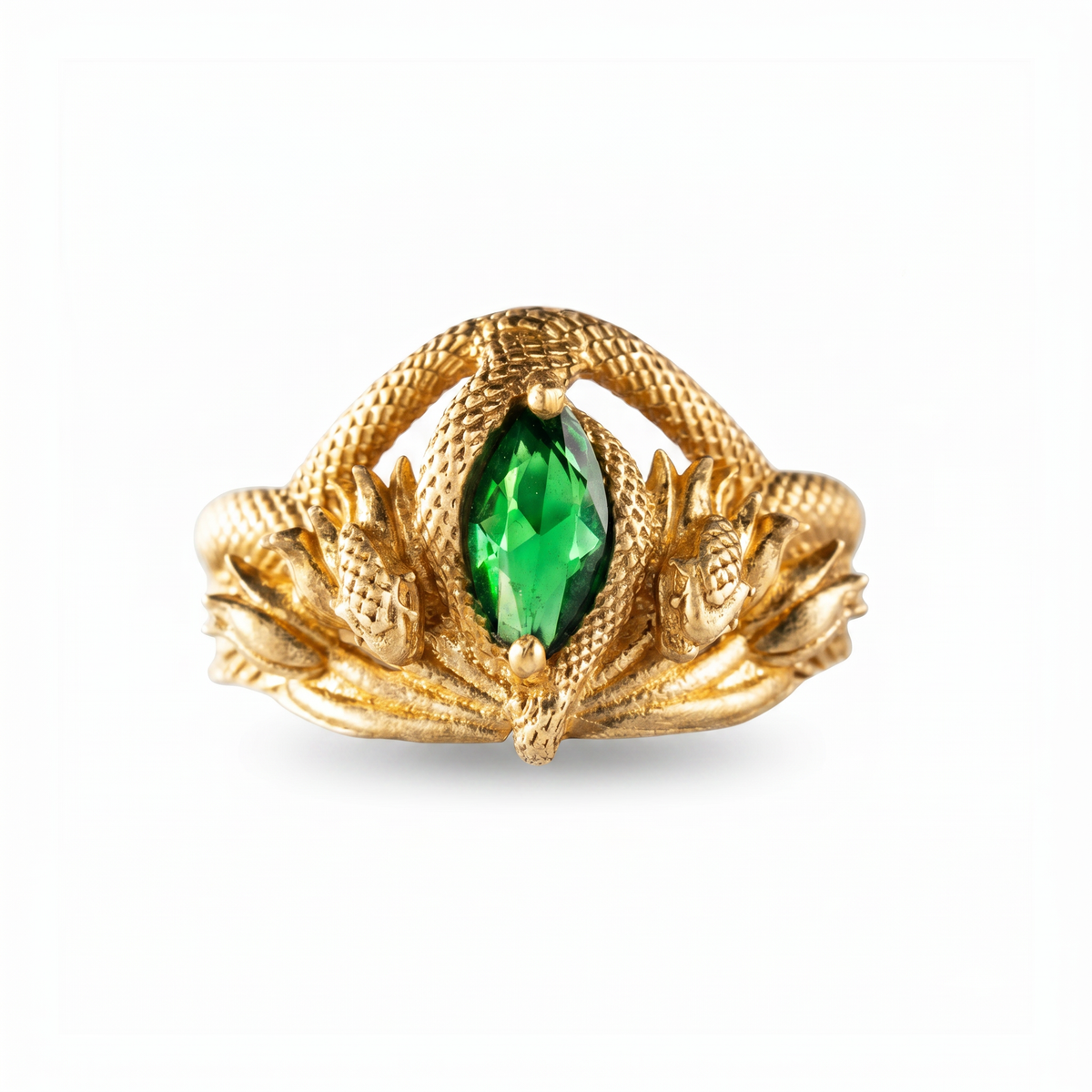 Green Eye Serpent Relief Motif Ring  Ring  Charmora Jewelry