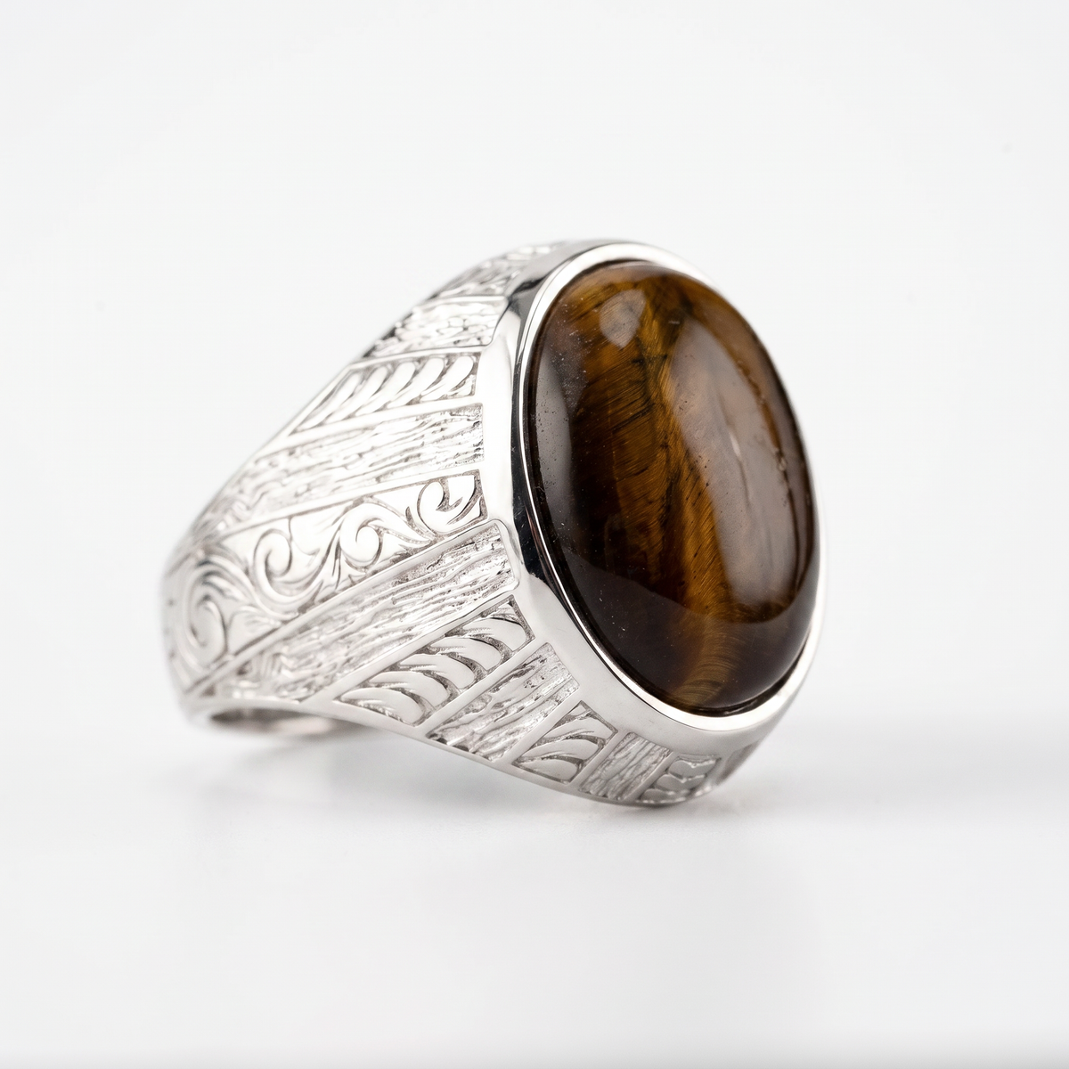 Tiger's Eye Floral Relief Motif Signet Ring  Ring  Charmora Jewelry