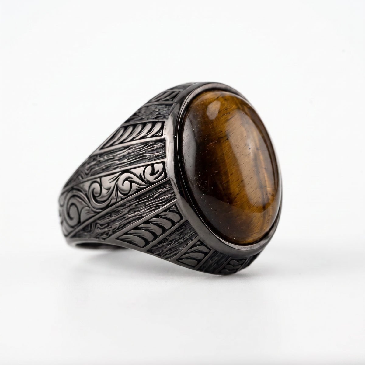 Tiger's Eye Floral Relief Motif Signet Ring  Ring  Charmora Jewelry