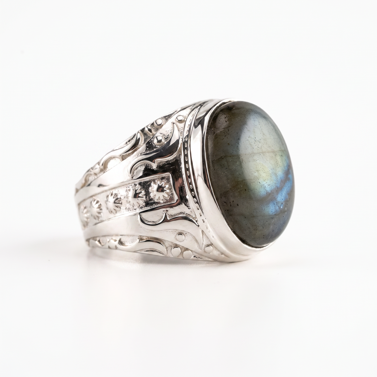 Labradorite Oval Relief Motif Ring  Ring  Charmora Jewelry