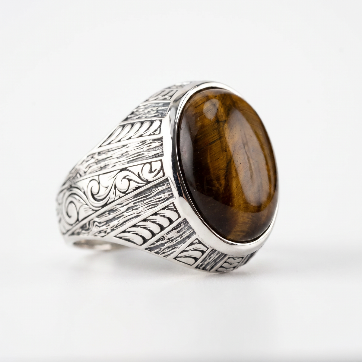 Tiger's Eye Floral Relief Motif Signet Ring  Ring  Charmora Jewelry