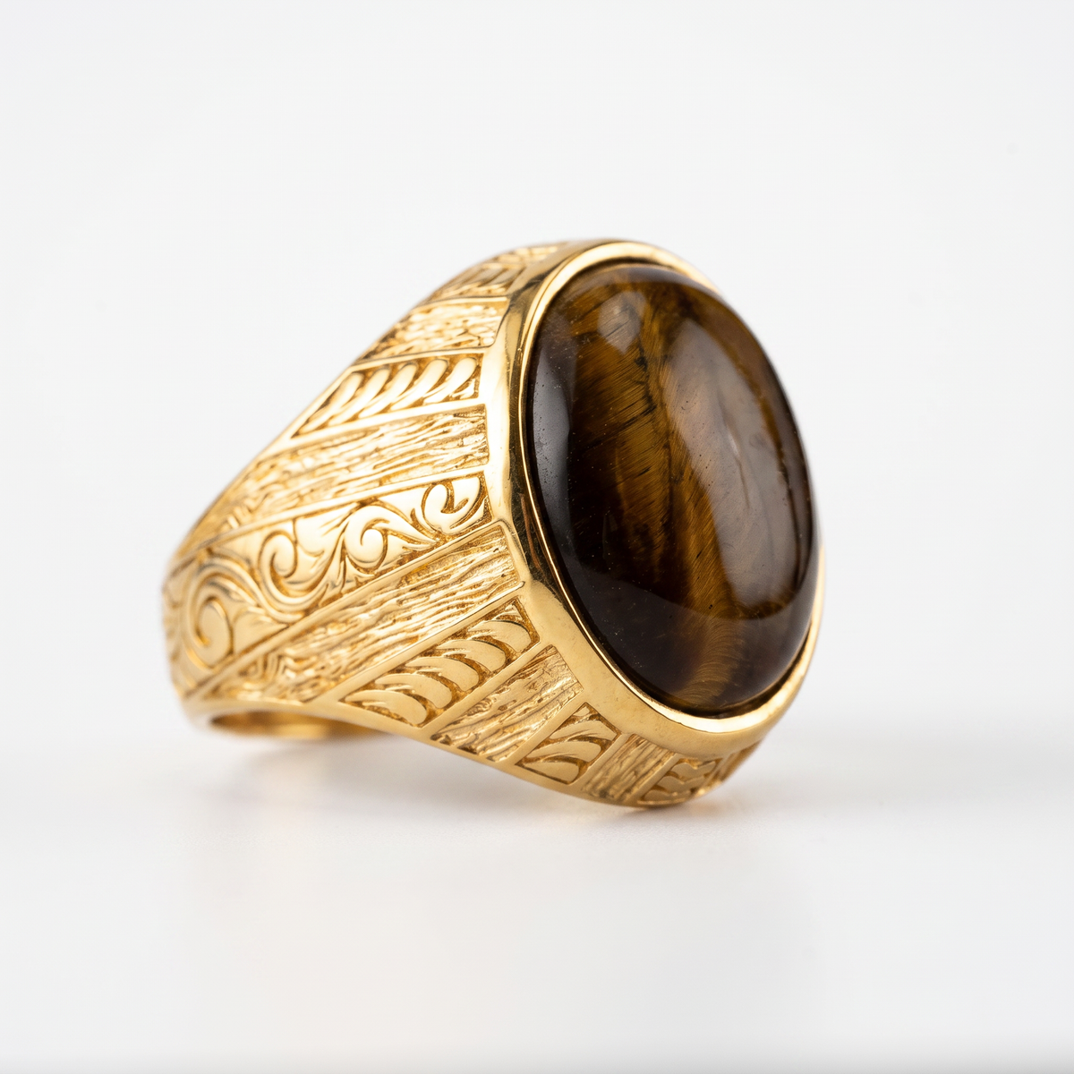 Tiger's Eye Floral Relief Motif Signet Ring  Ring  Charmora Jewelry
