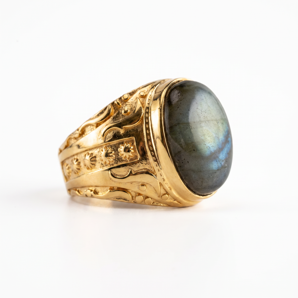 Labradorite Oval Relief Motif Ring  Ring  Charmora Jewelry
