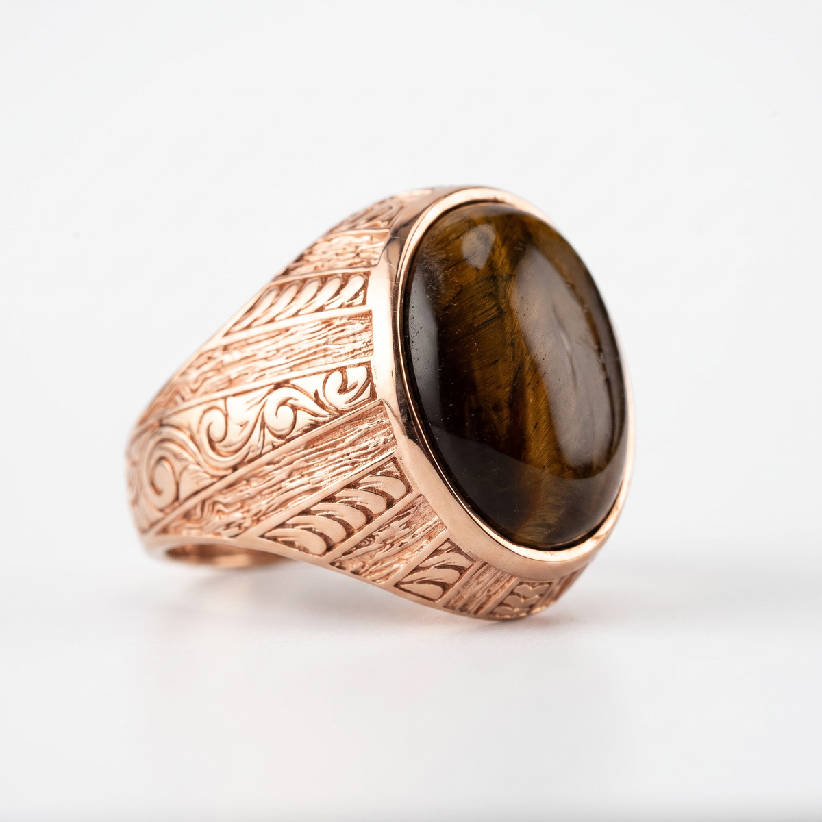 Tiger's Eye Floral Relief Motif Signet Ring  Ring  Charmora Jewelry