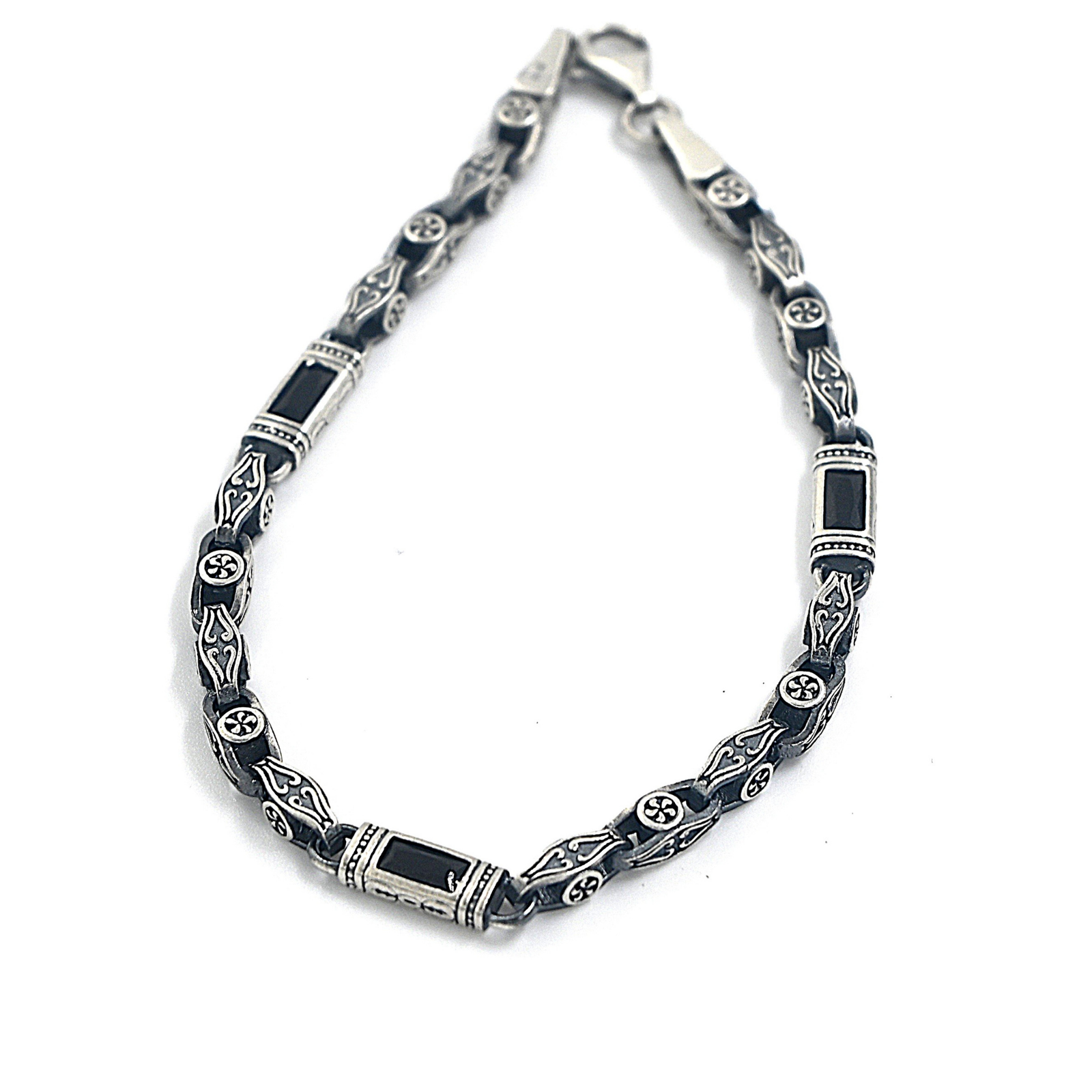 Black Rectangle Accented Engraved Sterling Silver Bracelet - Image 2