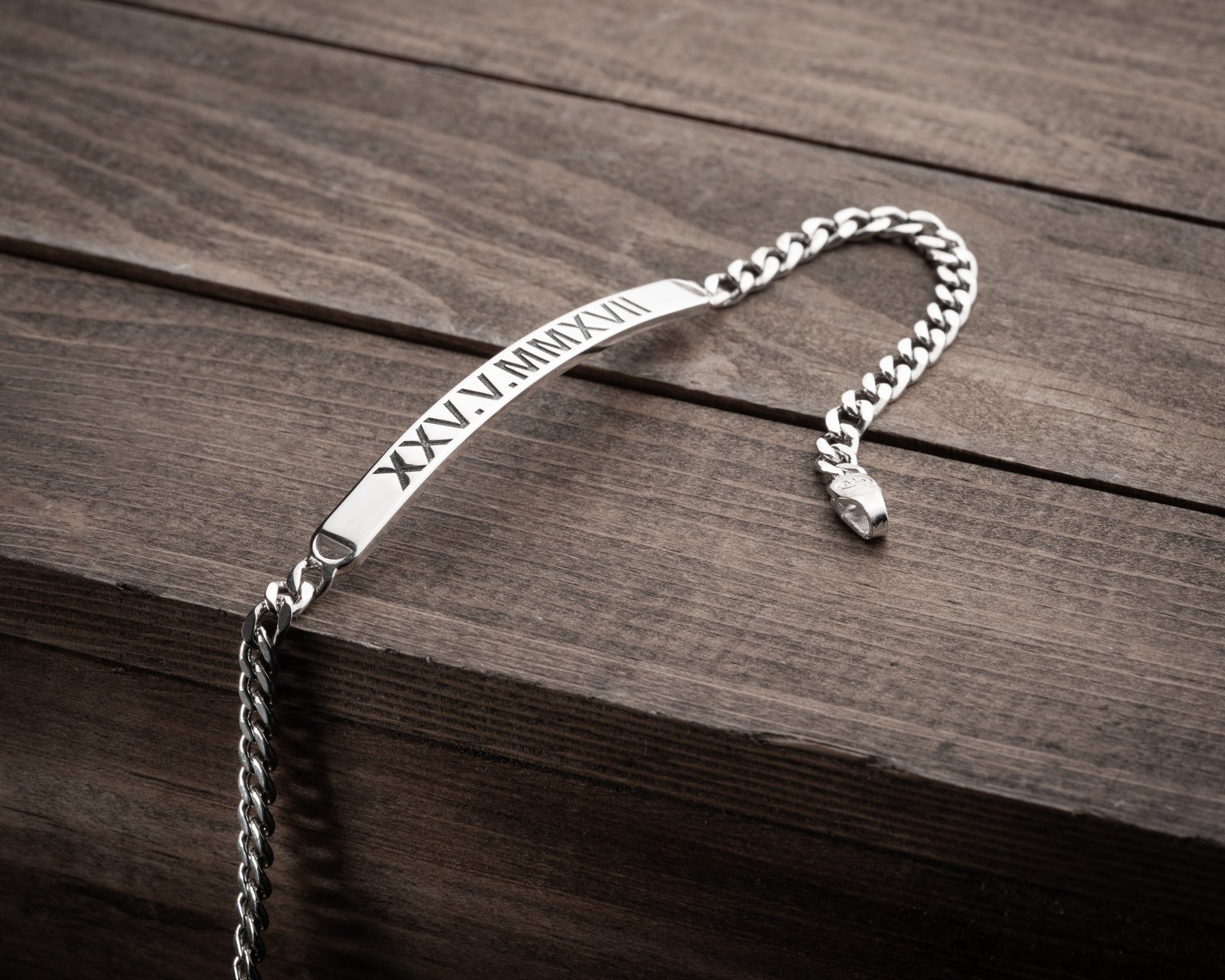 Roman Numeral Engraved Silver Chain Bracelet - Image 2