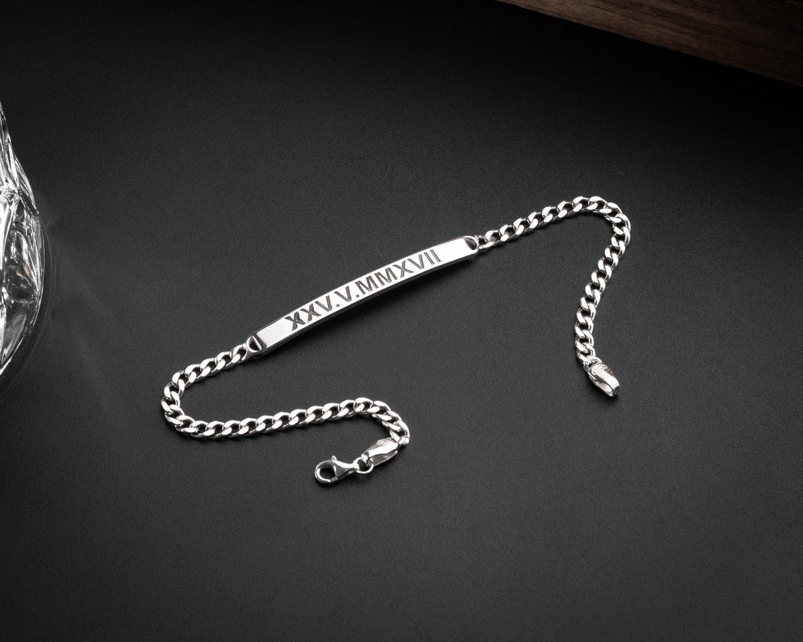roman numeral engraved silver chain bracelet main image