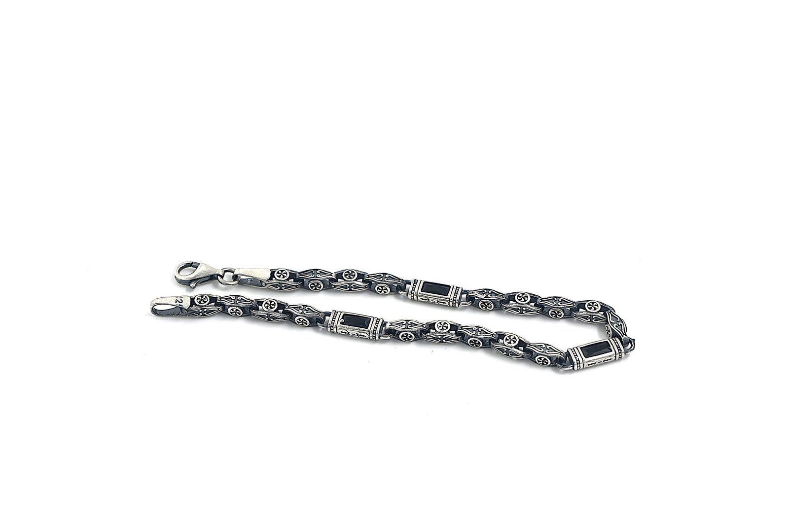 Black Rectangle Accented Engraved Sterling Silver Bracelet - Image 4