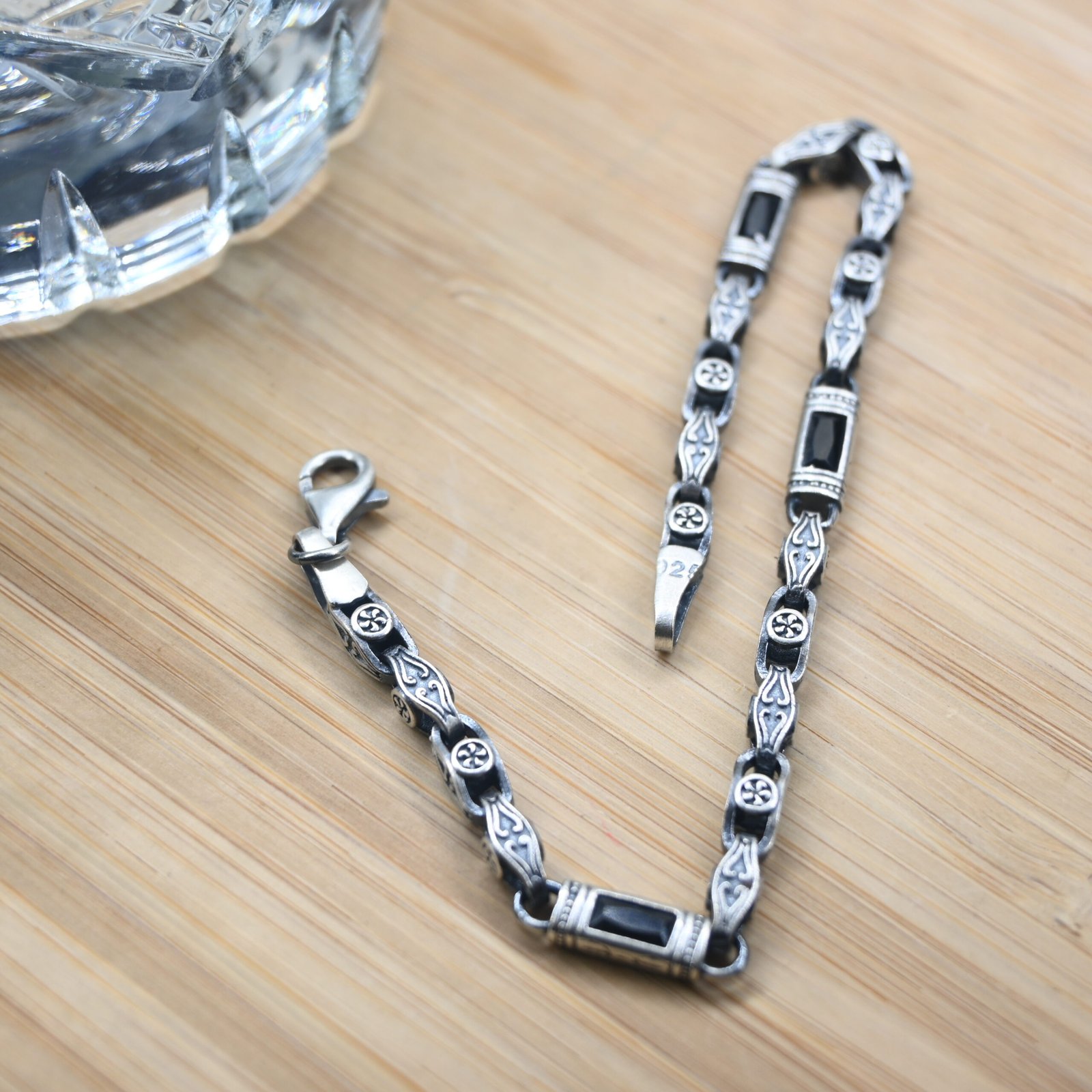 black rectangle accent engraved sterling silver bracelet main image