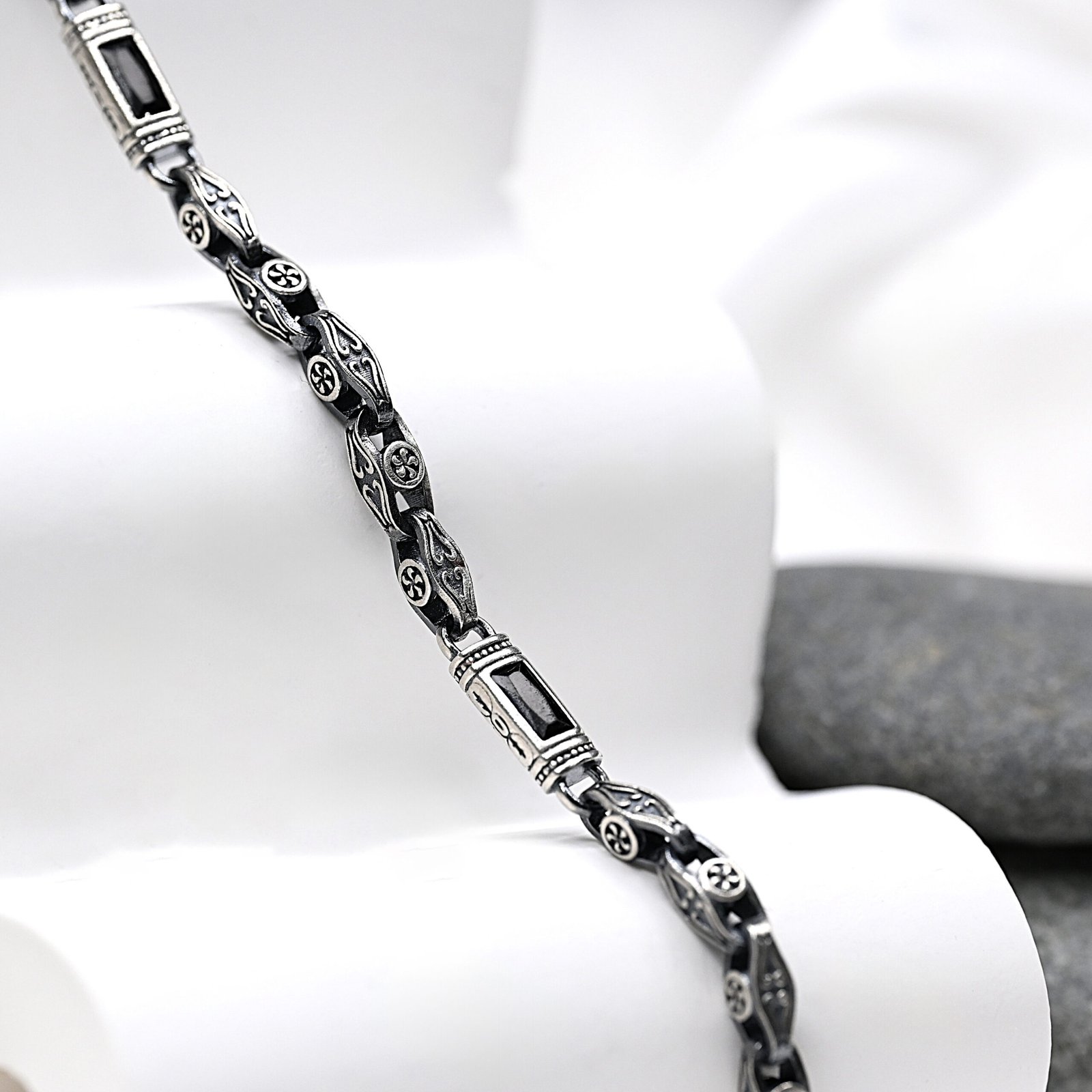 Black Rectangle Accented Engraved Sterling Silver Bracelet - Image 5