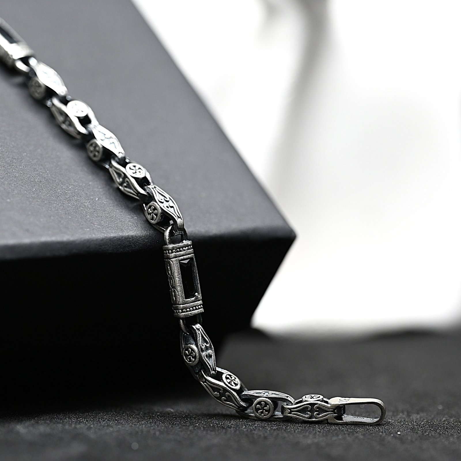 Black Rectangle Accented Engraved Sterling Silver Bracelet - Image 6