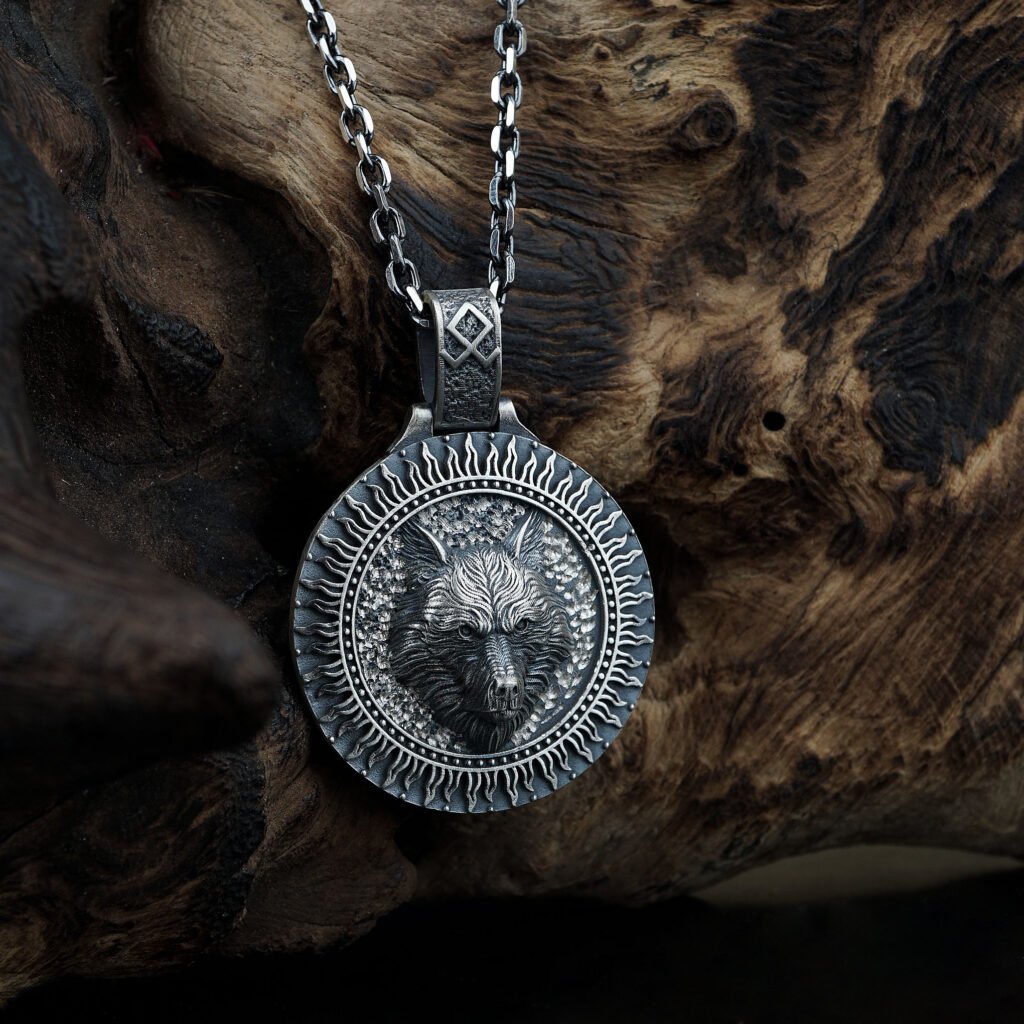 engraved wolf medallion sterling silver necklace main image