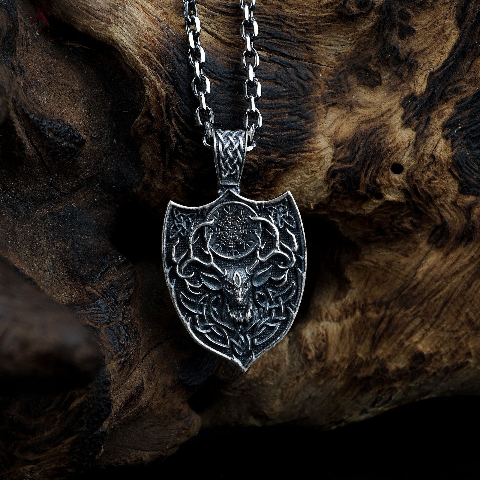celtic stag skull shield sterling silver necklace main image