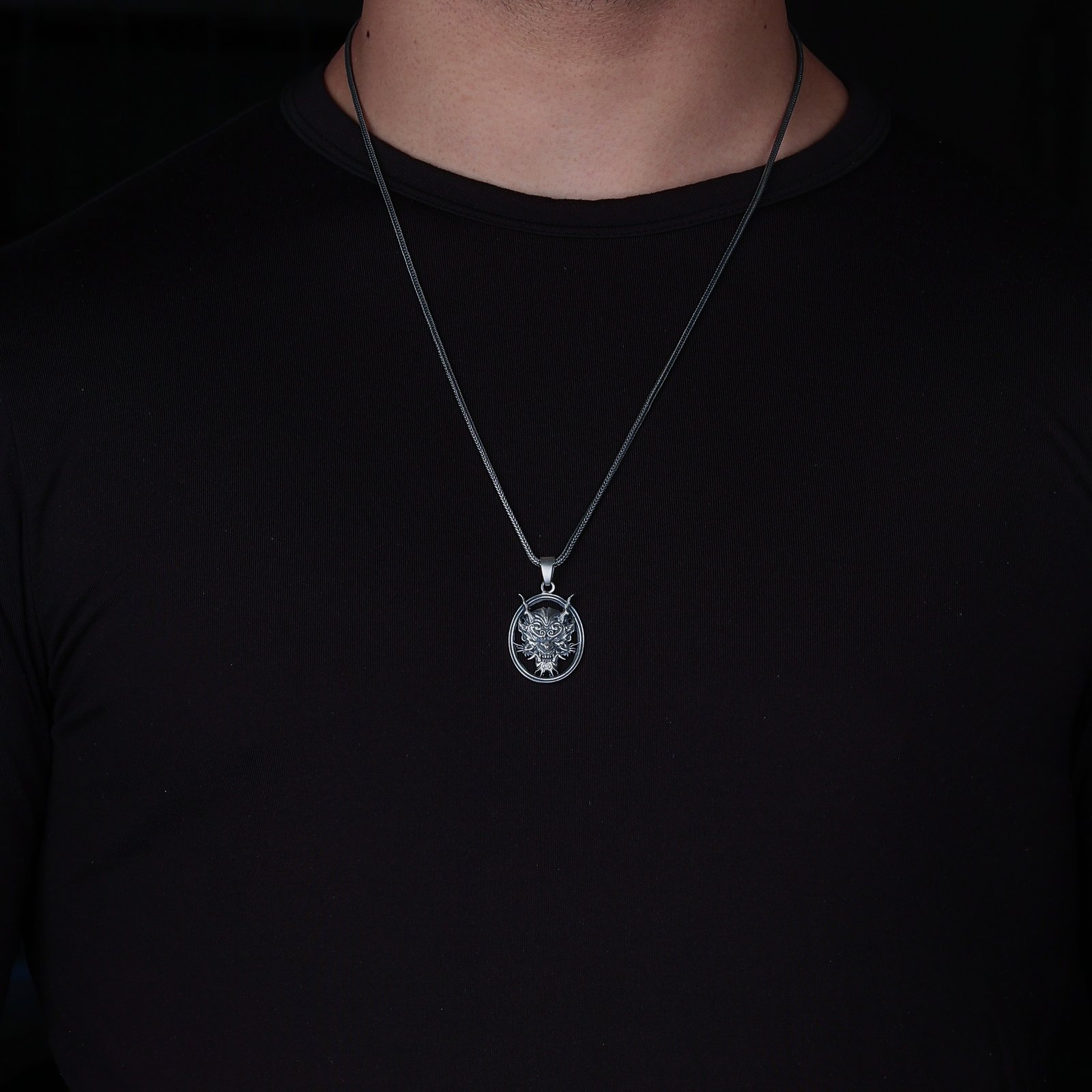 Oni Demon Mask Oval Sterling Silver Necklace - Image 4