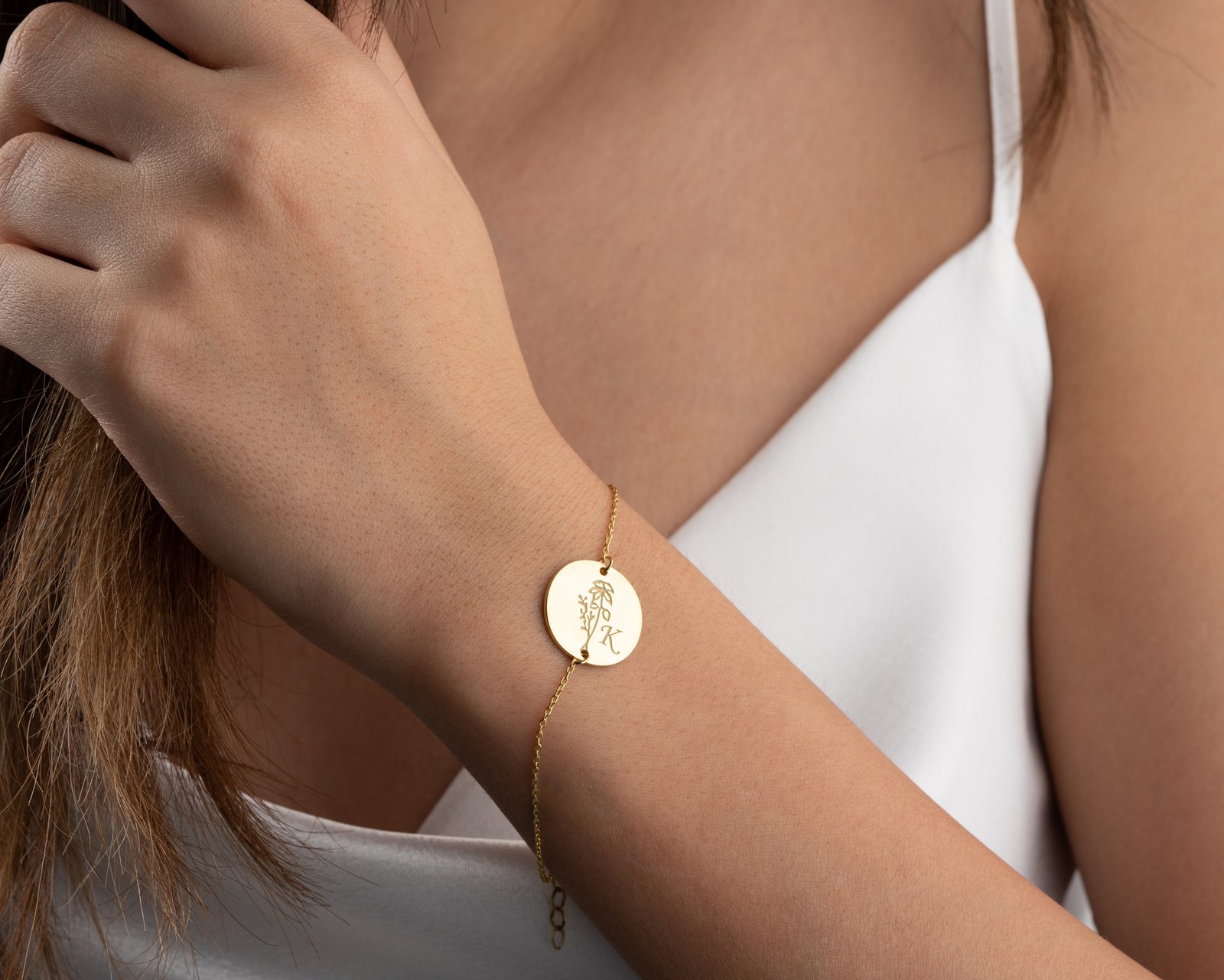 Gold Round Floral Initial Bracelet - Image 2