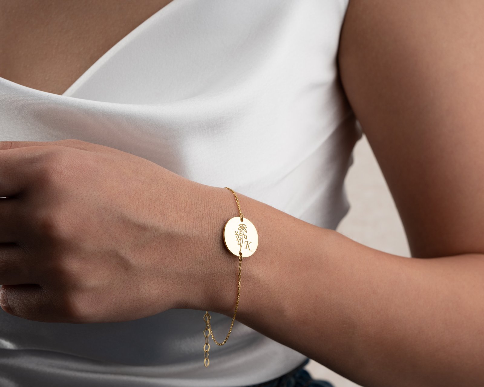 Gold Round Floral Initial Bracelet - Image 5