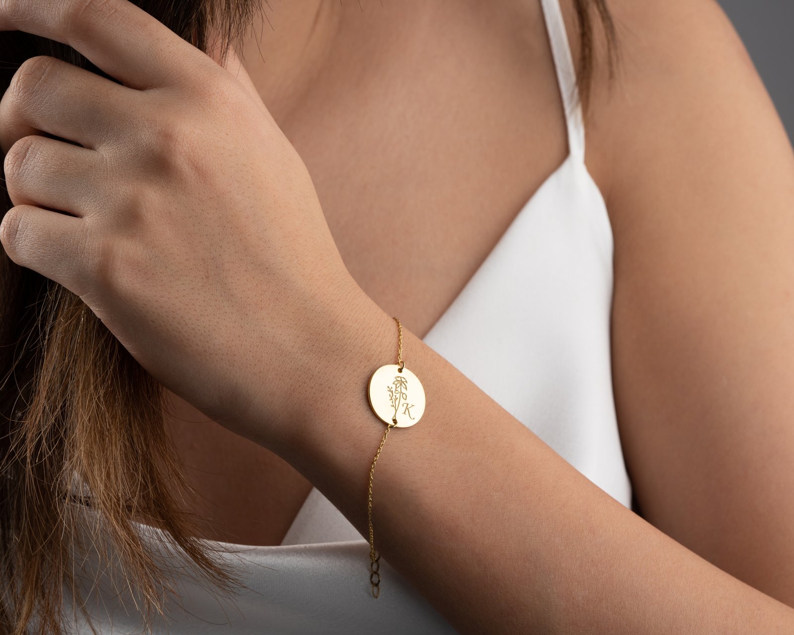 Gold Round Floral Initial Bracelet - Image 6