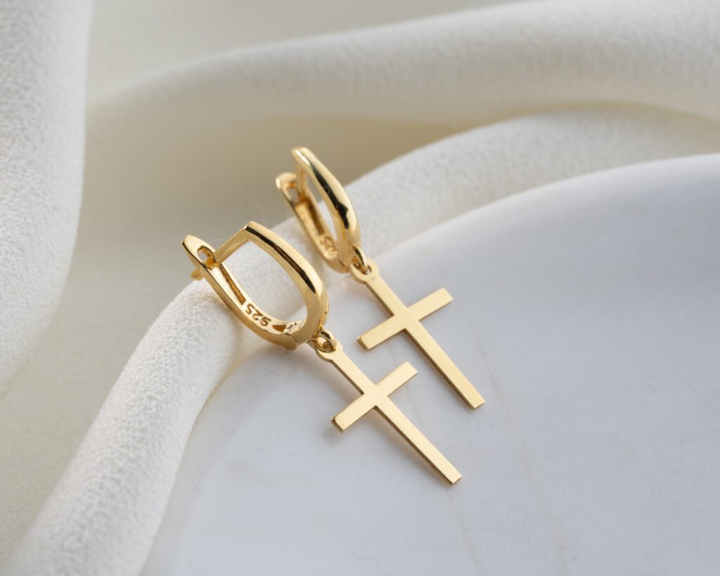 Gold minimalist cross dangle earrings