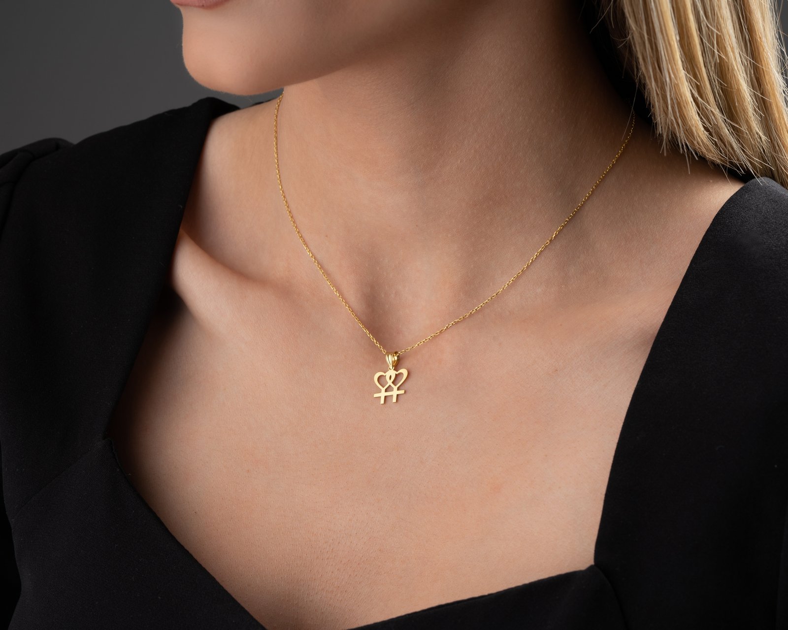 Gold Double Female Symbol Heart Necklace Modern Symbolic Design - Image 4