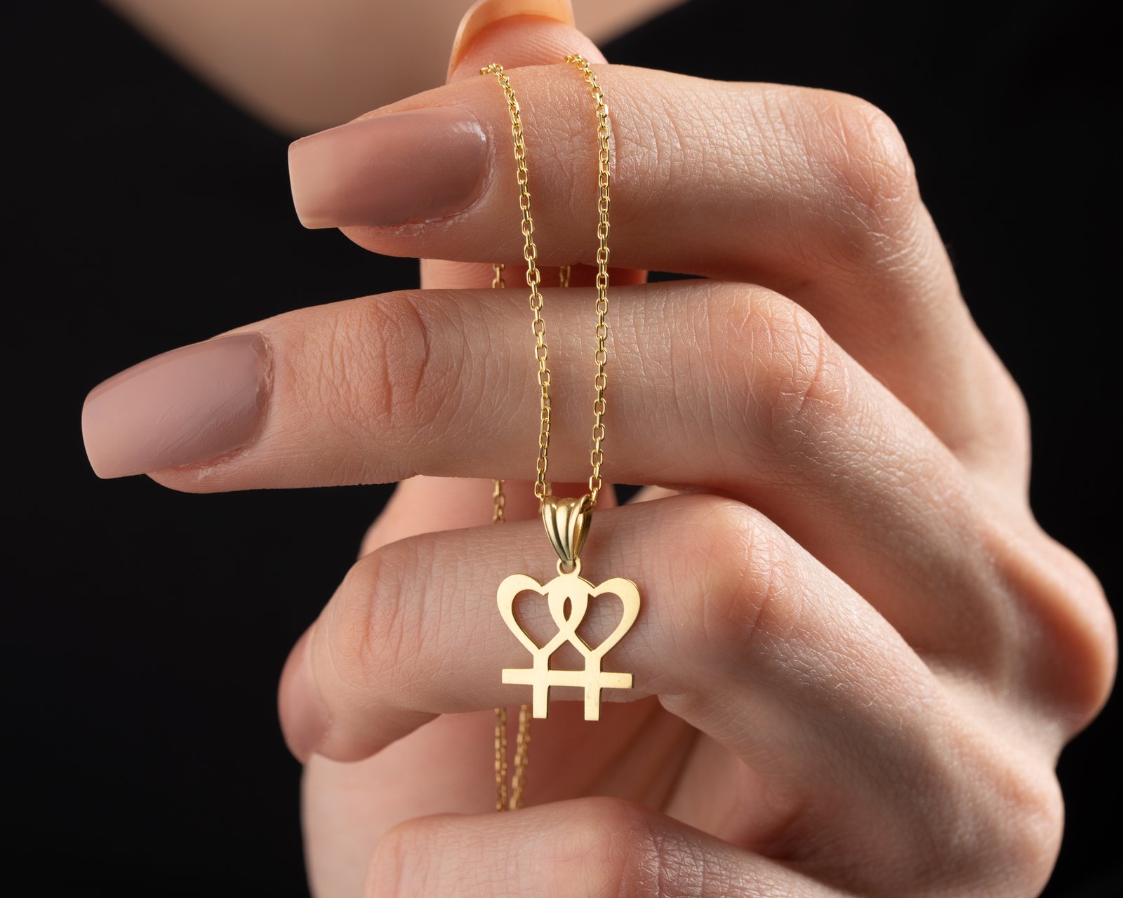 Gold Double Female Symbol Heart Necklace Modern Symbolic Design - Image 6