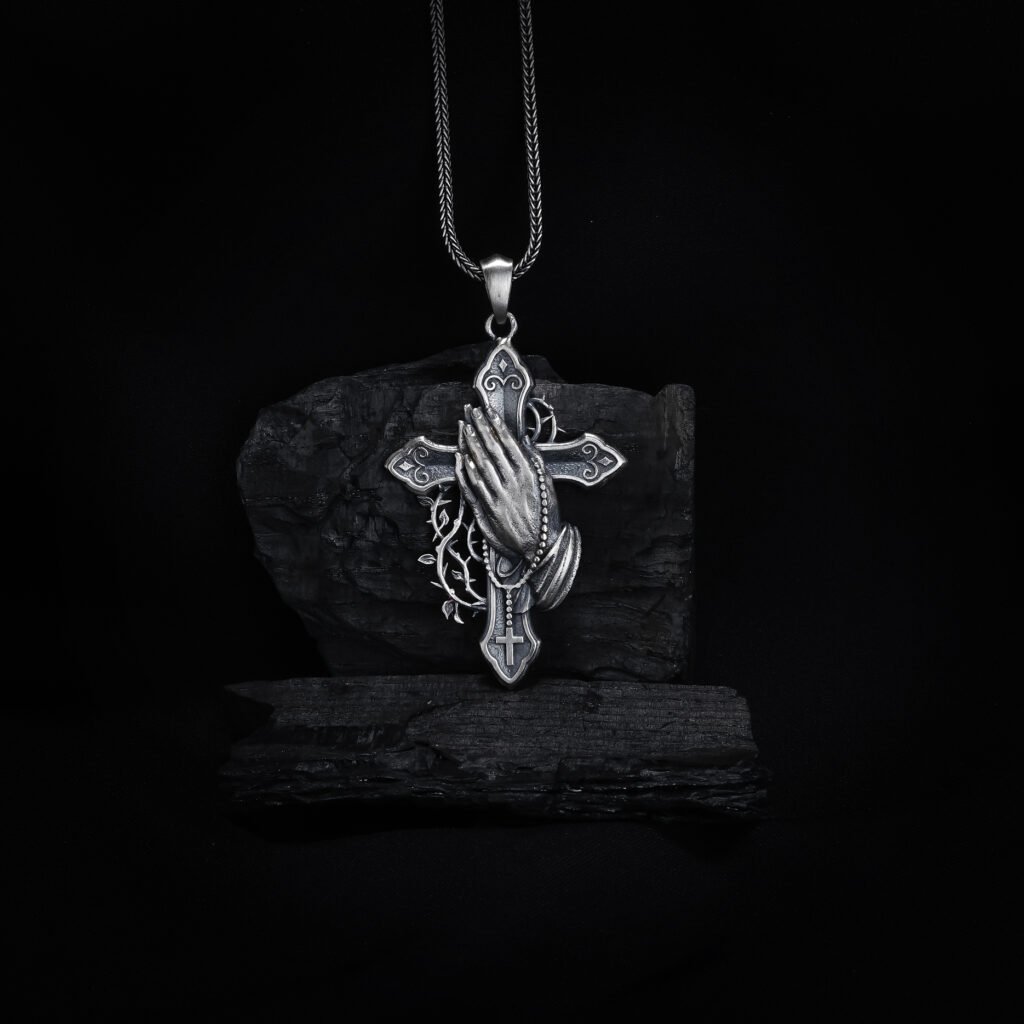 Praying Hands Cross Silver Necklace