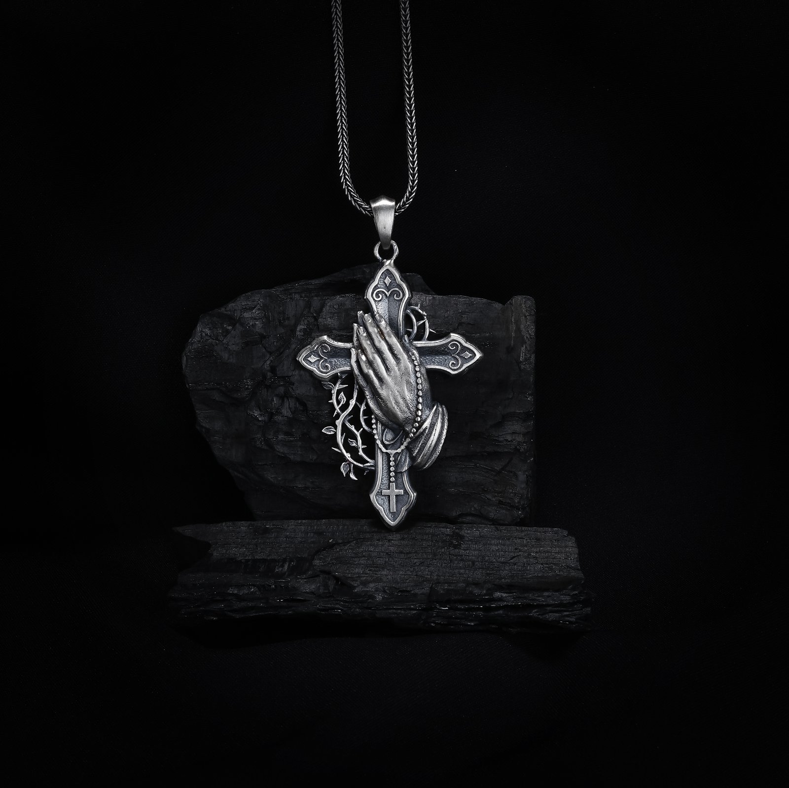 Praying Hands Cross Silver Necklace