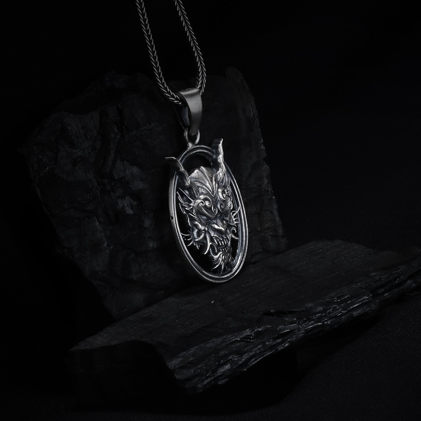Oni Demon Mask Oval Sterling Silver Necklace - Image 5