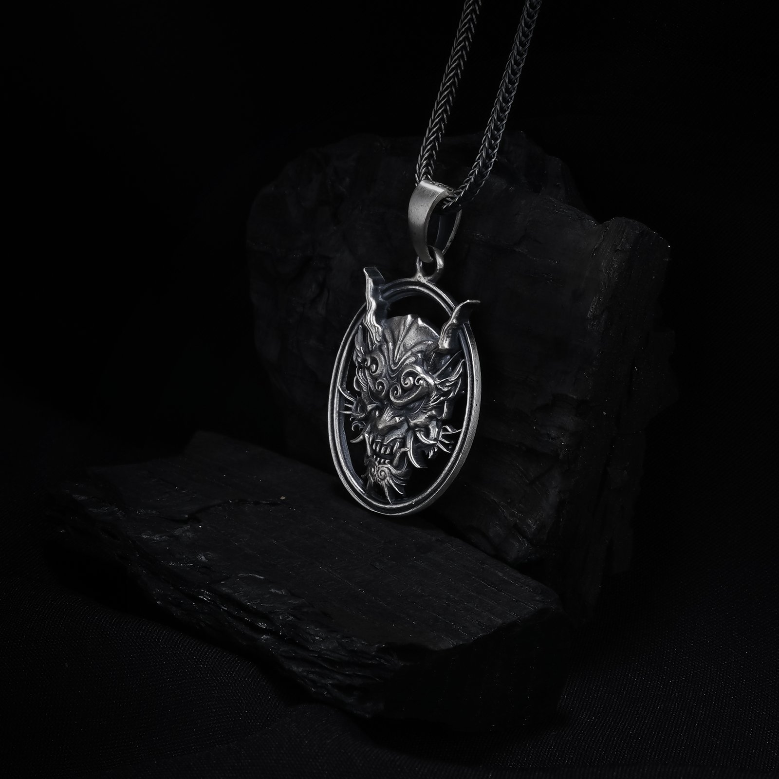 Oni Demon Mask Oval Sterling Silver Necklace - Image 6