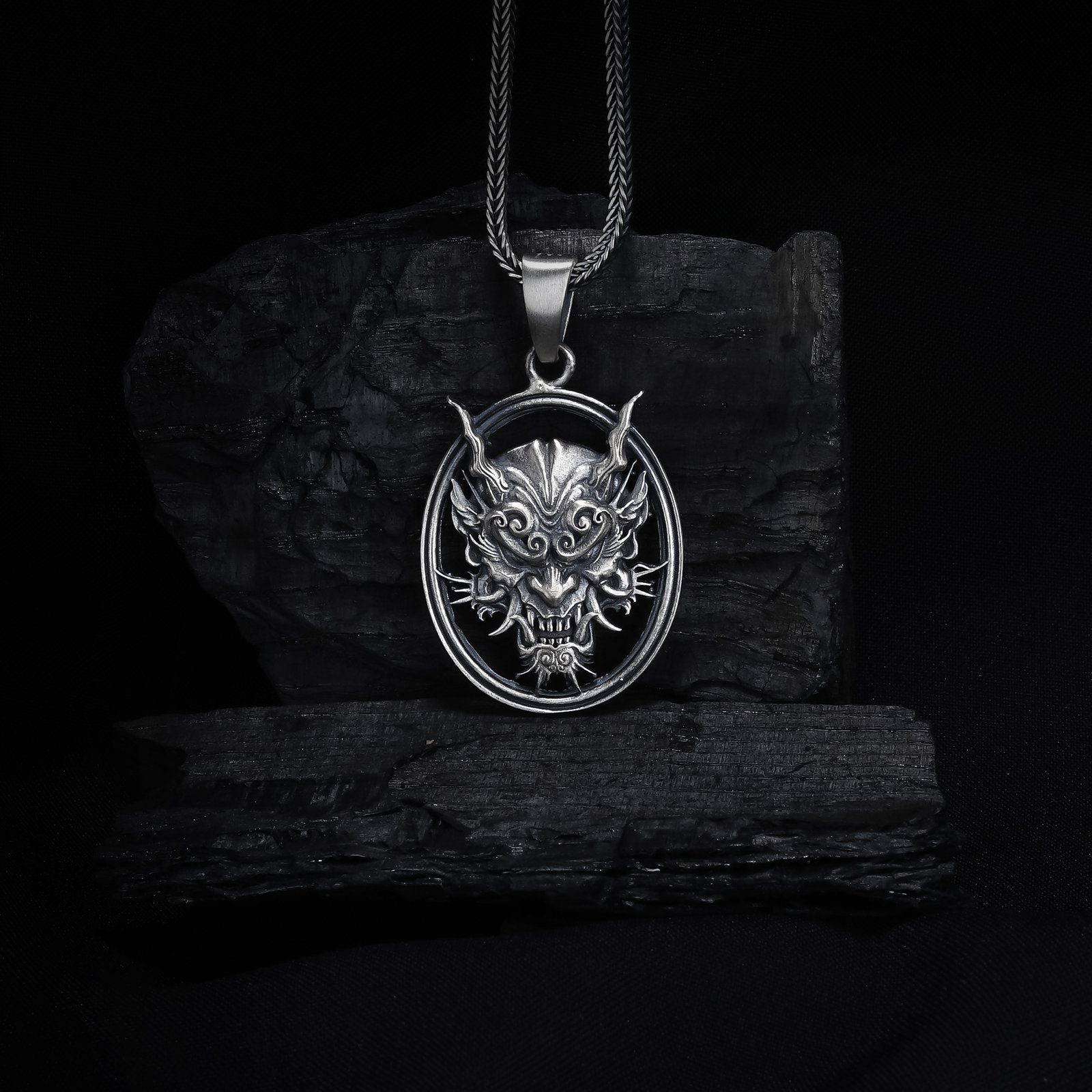 oni demon mask oval sterling silver necklace main image