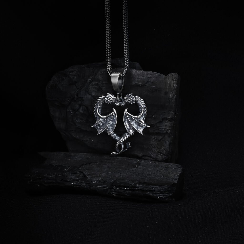 twin dragons heart shaped sterling silver necklace main image