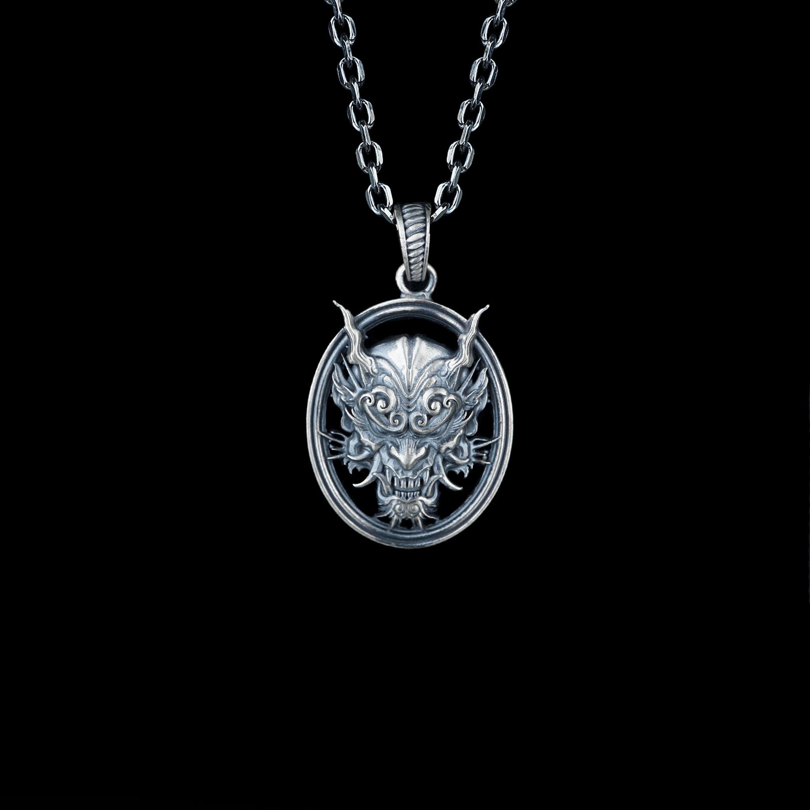 Oni Demon Mask Oval Sterling Silver Necklace - Image 8