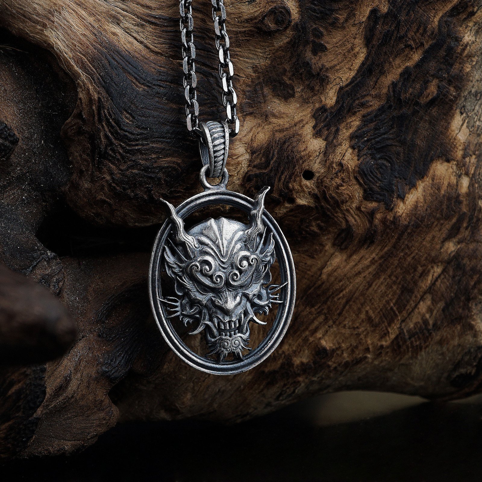 Oni Demon Mask Oval Sterling Silver Necklace - Image 2