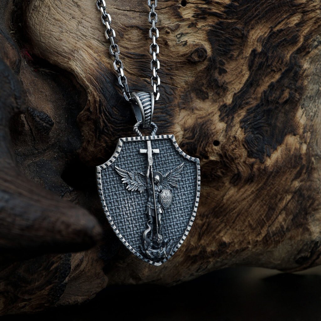 saint michael woven shield sterling silver necklace main image