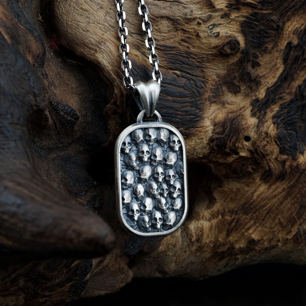 skull cluster sterling silver dog tag necklace main image