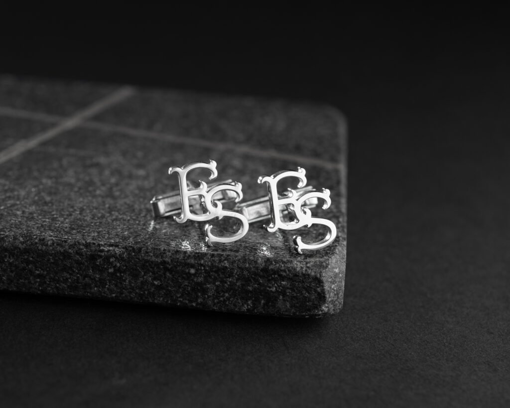 Men's ornate silver initial cufflinks