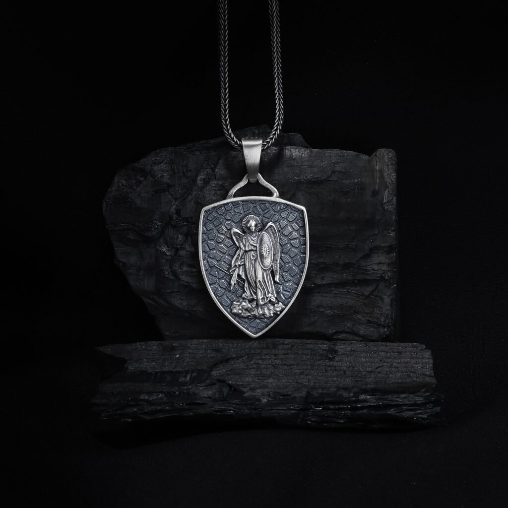 Archangel Shield Pendant – Silver Angel Warrior Emblem