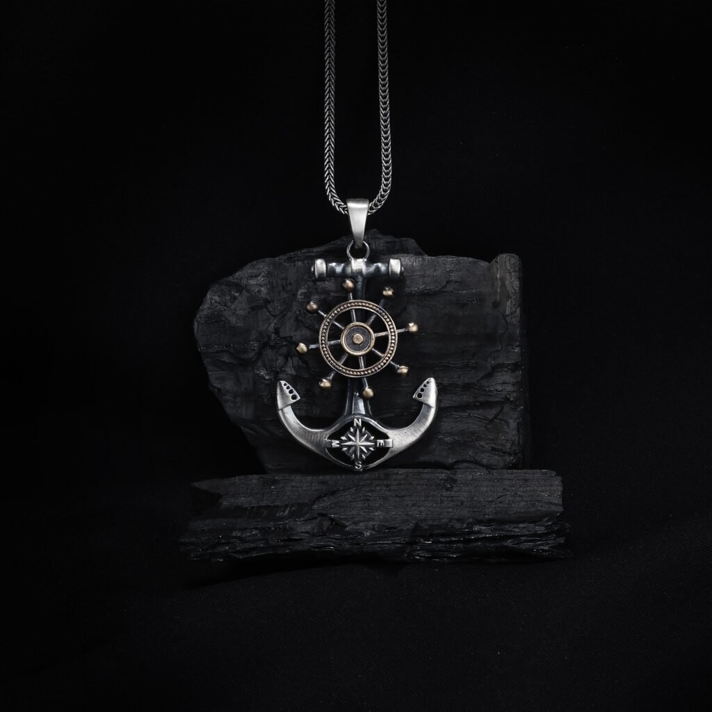 Anchor & Helm Pendant – Silver Nautical Symbol