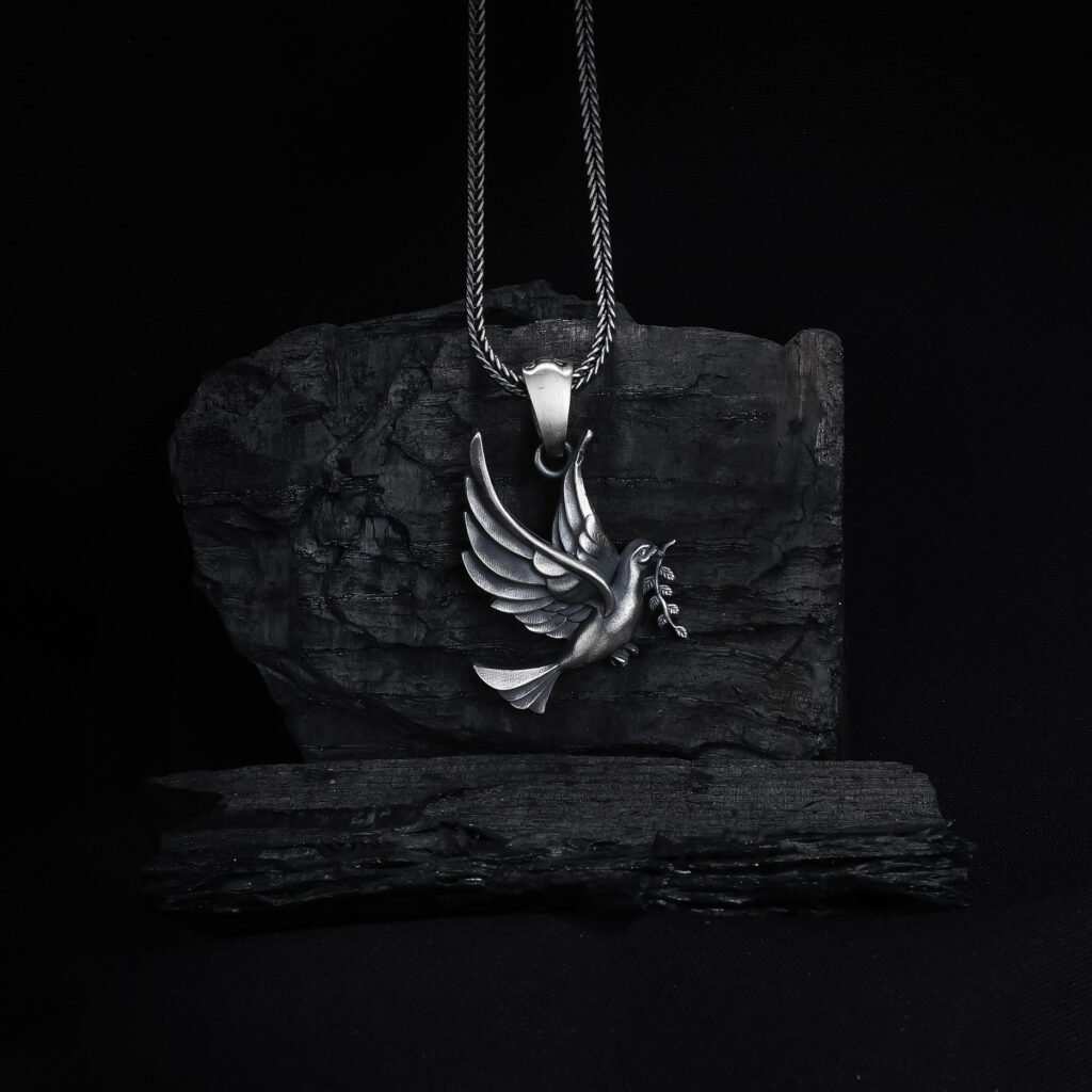 Dove peace symbol pendant men's necklace